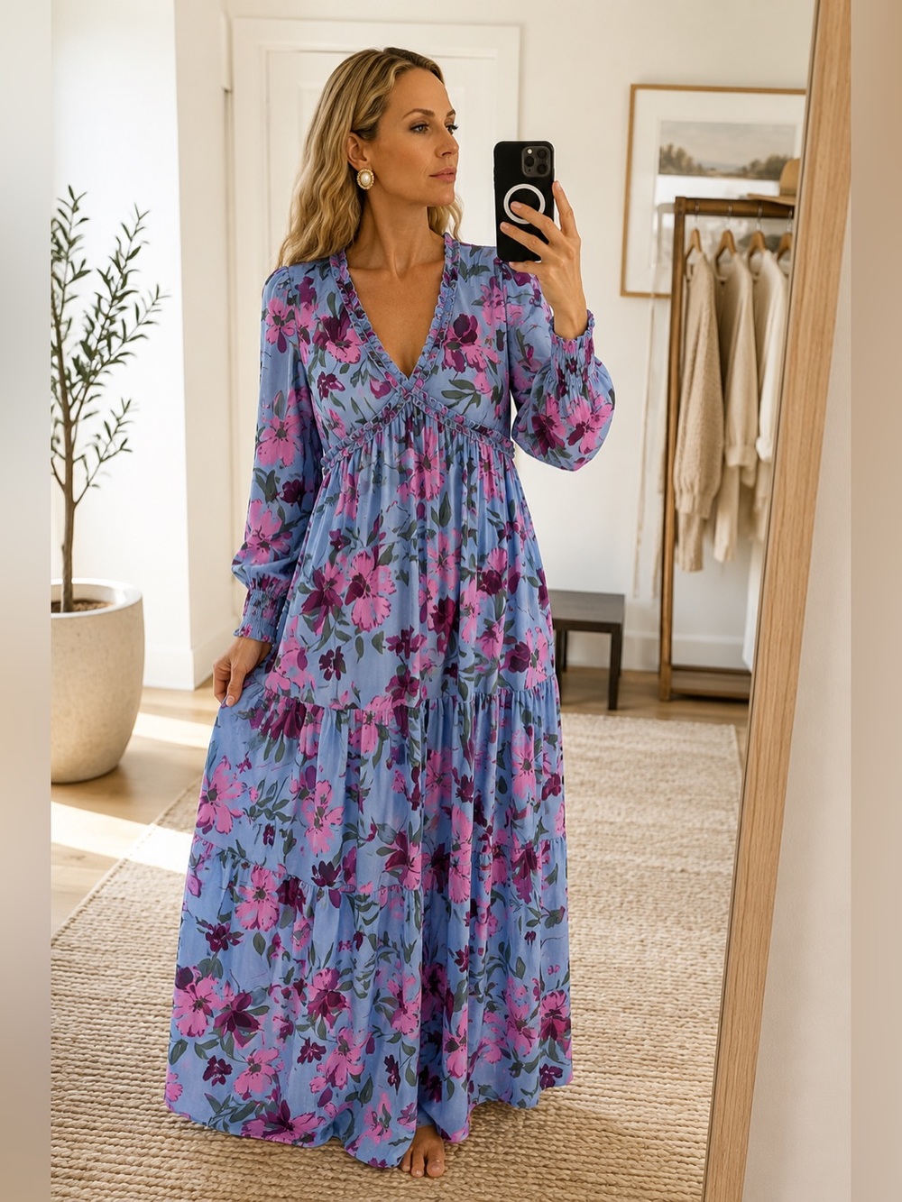 Blue Floral Maxi Dress Oversized Size Small Boho Cottagecore NWOT